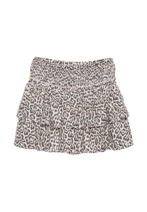 Minigonna a balze a stampa leopardata con elastico in vita, caratterizzata da una combinazione di colori neutri beige e grigi e una texture morbida.