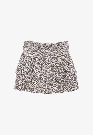 Leopard print, tiered ruffle mini skirt with an elastic waistband, featuring a neutral beige and gray color scheme and soft texture.
