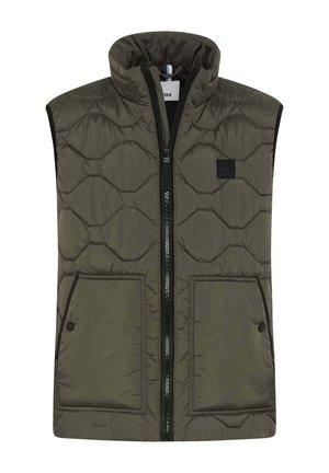 Steppweste ohne Ärmel in dunklem Olivgrün mit hohem Kragen, Frontreißverschluss und zwei großen aufgesetzten Taschen. Strukturierter Stoff mit hexagonalem Muster.
