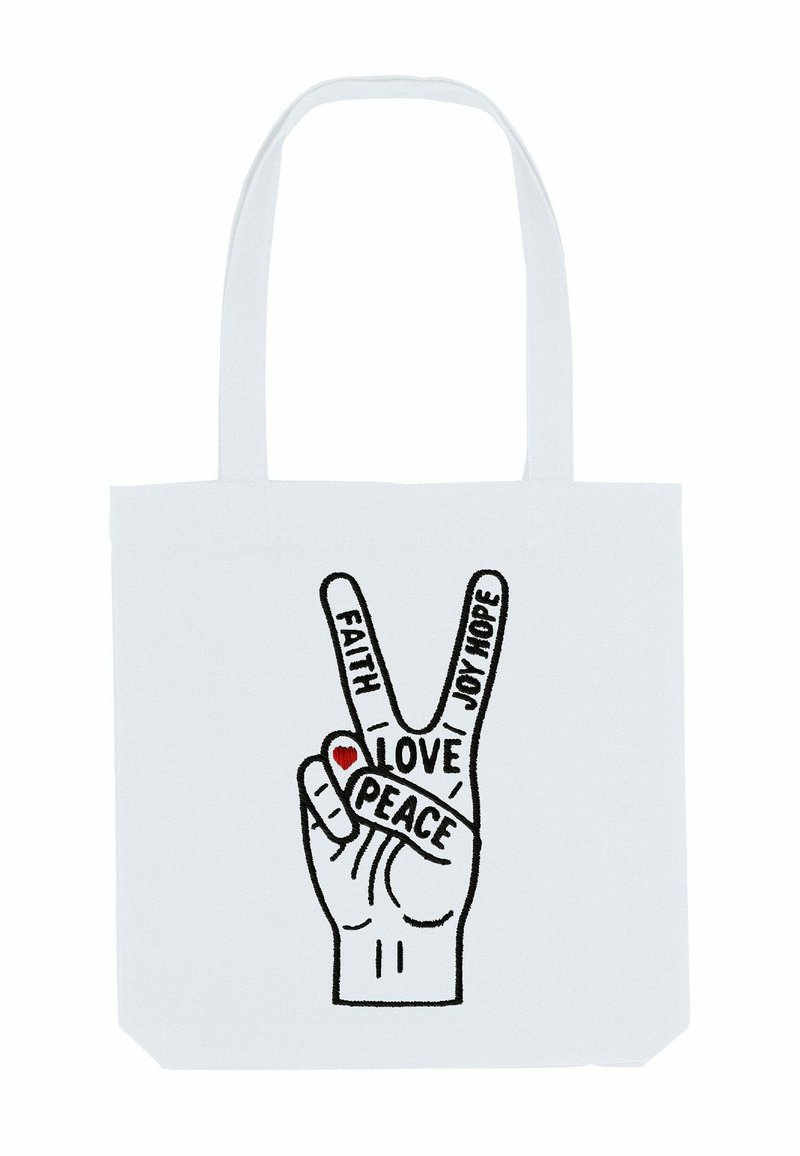 Witte katoenen boodschappentas met een handgebaar van een vredesteken en de woorden: "GELD", "LIEFDE", "VREUGDE", "HOOP", met een rode hart.