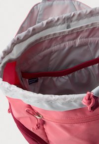 Interno di uno zaino rosa con un rivestimento rosa più chiaro, cinturino elastico e un'etichetta bluesign. Presenta una chiusura a cordoncino e una tasca con zip.
