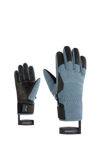 Blaue und schwarze Handschuhe aus strukturiertem Stoff und Leder, mit einem engen Sitz, verstellbaren Handgelenkriemen und verstärkten Fingerspitzen.