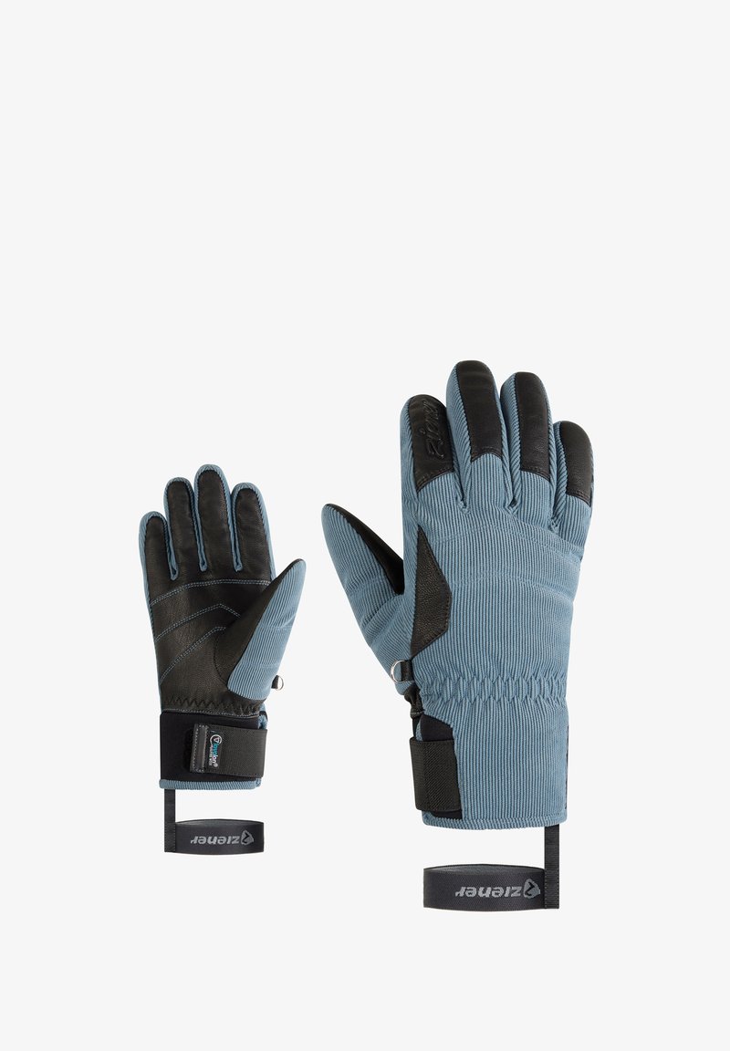 Blaue und schwarze Handschuhe aus strukturiertem Stoff und Leder, mit einem engen Sitz, verstellbaren Handgelenkriemen und verstärkten Fingerspitzen.