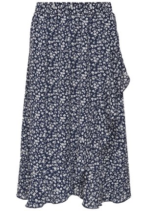 Marineblauwe midi-rok met bloemenprint en een elastische tailleband, met kleine witte bloemen en een golvende zoom. Gemaakt van lichtgewicht, ademende stof.