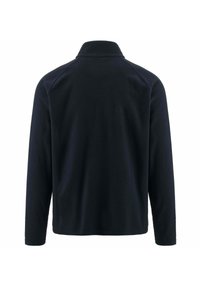 Giacca in pile blu navy con colletto alto, maniche lunghe e texture liscia. Presenta un design semplice senza loghi o motivi visibili.