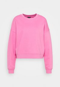 Rosa, kurz geschnittenes Sweatshirt aus weichem Stoff, mit Rundhalsausschnitt, überschnittenen Schultern und gerippten Bündchen. Sanfte Textur und minimale Details.