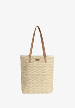 Gewebte Strohtasche in Cremefarbe mit braunen synthetischen Ledergriffen. Verfügt über einen gestickten Akzent und ein kleines Logo-Schild auf der Vorderseite.