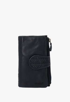 Portefeuille en cuir noir avec une sangle tressée, fermeture éclair et logo en relief. Texture lisse avec une forme rectangulaire compacte.