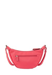Koraļļu krāsas ādas crossbody soma ar izliekta formu, priekšējo rāvējslēdzēja kabatu un regulējamu siksnu. Gluda tekstūra ar minimālistisku dizainu.