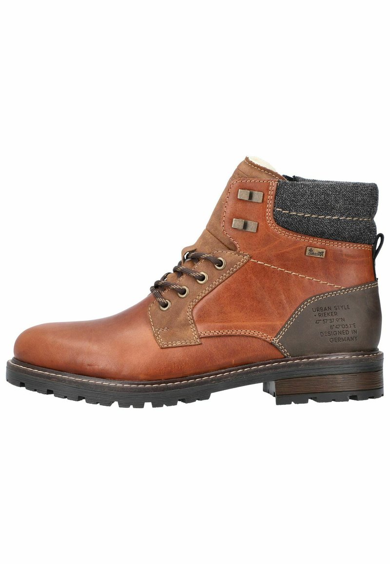 Brown leather ankle boot with gray textile collar, lace-up design, rounded toe, sturdy treaded sole, and decorative metal accents.
