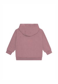 Vista posteriore di un hoodie per bambini di colore rosa polveroso con maniche lunghe, cappuccio e polsini e orlo a costine.