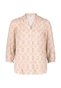 Blusa leggera e con motivo a fantasia, con maniche a tre quarti, caratterizzata da un design floreale in tonalità di rosa e giallo, e una chiusura con bottoni.