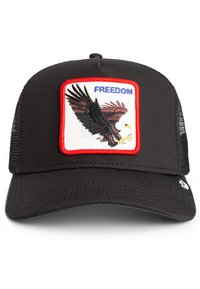 Casquette noire avec un panneau avant uni présentant un design d'aigle brodé. Bord rouge avec le texte "LIBERTÉ" au-dessus de l'aigle. Arrière en maille.