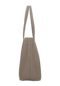 Borsa a tracolla in pelle beige con texture, doppi manici, cuciture visibili e base piatta, mostrata di lato su uno sfondo bianco.