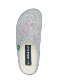 Gray felt slipper with a pink embroidered heart design. Interior lined with cream faux fur. Features a green label with the brand name.