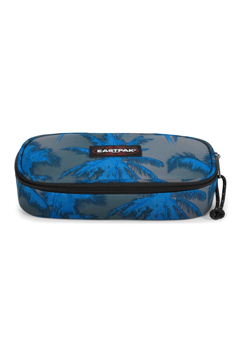 Penne con motivo di palme blu, con chiusura a zip e superficie texturizzata. Forma ovale, realizzata in materiale resistente con etichetta di marca.