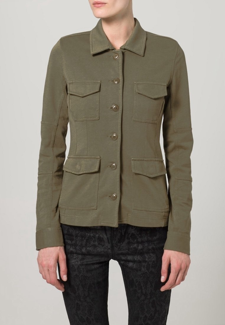 Olive green jacket with a collared neckline, button closure, and four front pockets. Features long sleeves and a fitted design.