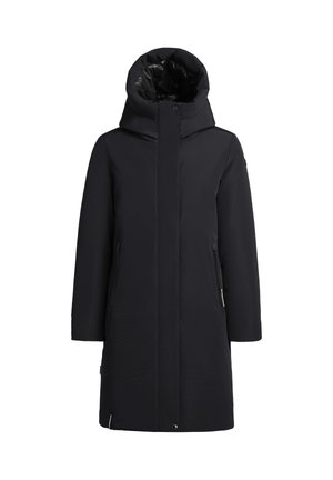 Parka nera impermeabile con colletto alto e cappuccio, dotata di tasche laterali con zip e un tessuto a trama liscia. Design minimalista.