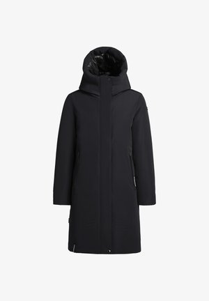 Czarny wodoodporny parka z wysokim kołnierzem i kapturem, z zamykanymi na zamek bocznymi kieszeniami oraz gładką tkaniną. Minimalistyczny design.