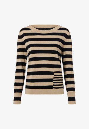 Pull long à manches longues beige et noir à rayures horizontales avec un col rond et une petite poche avant comportant des rayures plus étroites.