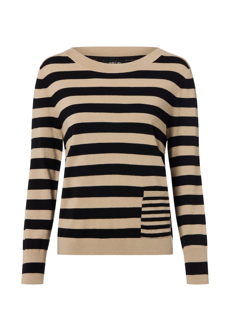 Beige und schwarz gestreifter langärmeliger Pullover mit rundem Ausschnitt und kleiner Fronttasche, die schmalere Streifen aufweist.