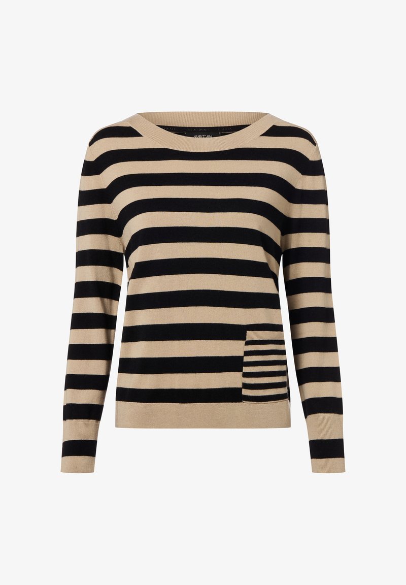 Beige und schwarz gestreifter langärmeliger Pullover mit rundem Ausschnitt und kleiner Fronttasche, die schmalere Streifen aufweist.
