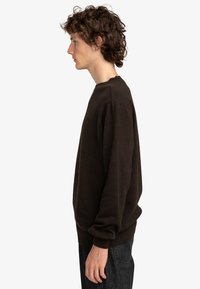 Brauner Sweatshirt mit langen Ärmeln, rundem Ausschnitt und gerippten Bündchen. Weicher Stoff, lockere Passform, kombiniert mit dunklen Jeans.
