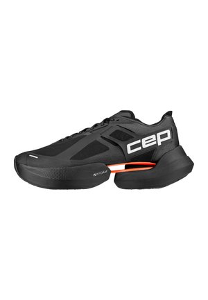 Black athletic shoe with thick sole, branded "cep" on side, featuring orange accent in midsole and textured upper material.