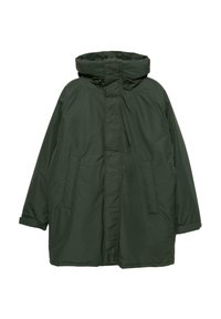 Geacă parka verde căptușită, cu un guler înalt, glugă ajustabilă și două buzunare laterale; prezintă o textură netedă și o croială lejeră.