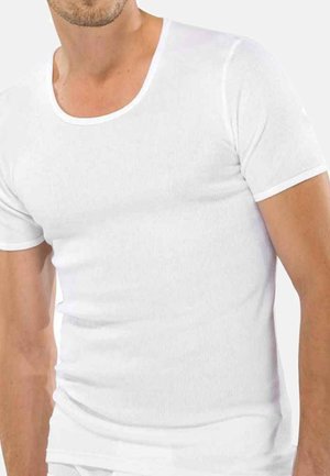 White short-sleeve t-shirt, ribbed texture, crew neckline with white trim, fitted design, and soft fabric suitable for casual wear.