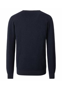 Mörk marinblå, långärmad tröja med rund halsringning och en strukturerad stickad mönster samt ribbade muddarna och nederkanten, visas från baksidan.