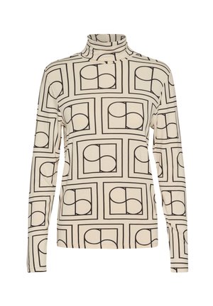 Bež pikasvariga pikkade varrukatega turtleneck topp mustade geomeetriliste mustrite ja kontuuridega. Pehme kangas, sobiv disain, minimaalne stiil.