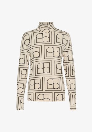 Long-sleeve turtleneck top in beige with black geometric patterns and outlined shapes. Soft fabric, fitted design, minimalistic style.