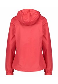 Röd vattentät jacka med huva, elastiska ärmslut och en slät yta. Har en figursydd design och en enkel rygg utan fickor eller dekorationer.