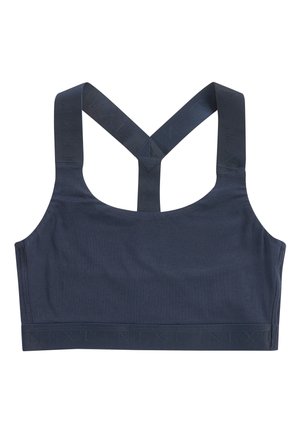 Tmavomodrá športová podprsenka s širokým elastickým pásom a prekríženými ramienkami na chrbte, s jemným označením značky na ramienkach a páse.