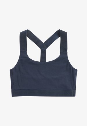 Sportski grudnjak mornarsko plave boje s širokom elastičnom trakom i ukriženim remenima na leđima, s suptilnim brendiranim tekstom na remenima i traci.