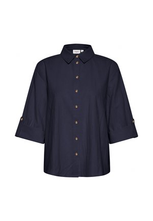 Navy blue button-up shirt made of lightweight fabric, featuring a collared neckline, rolled-up sleeves, and gold-tone buttons.