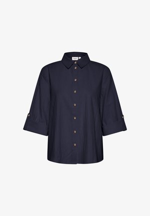 Mörkblå knapp-up skjorta i lätt tyg med krage, uppvikt ärmar och guldfärgade knappar.