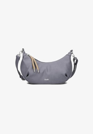 Borsa a spalla grigia realizzata in materiale testurizzato, con due tiranti intrecciati e una zip argentata. Presenta una tracolla removibile e un dettaglio del logo.