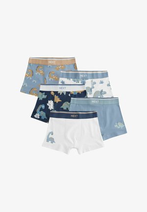 Set di sei boxer per ragazzi in cotone, caratterizzati da vari motivi di dinosauri. I colori includono blu, bianco e navy, con bande in vita a contrasto.