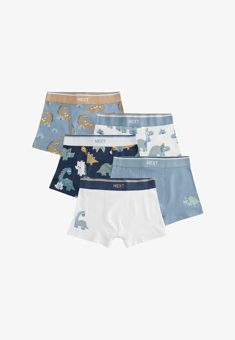 Set aus sechs Jungen-Unterhosen aus Baumwolle, mit verschiedenen Dinosaurier-Mustern. Die Farben umfassen Blau, Weiß und Marineblau, mit kontrastierenden Bündchen.