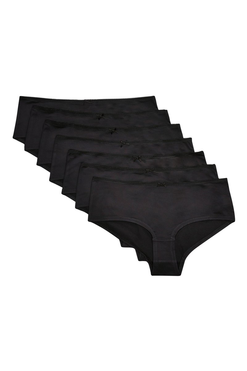 Ensemble de sept slips en coton noir au toucher lisse, avec une ceinture et un petit nœud à l'avant.