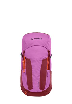 Zaino da trekking Vaude viola e marrone scuro con tiretti delle cerniere arancioni e tasche laterali, etichettato "Brenta WP 28".