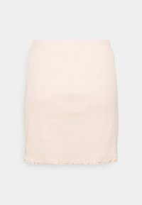 Mini-jupe en maille côtelée rose clair avec une silhouette ajustée et un ourlet festonné. Texture lisse et ceinture élastique pour le confort.