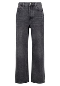 Jeans a gamba larga e vita alta in denim grigio scuro. Presentano cinque tasche, una chiusura frontale con bottone e una leggera texture scolorita.