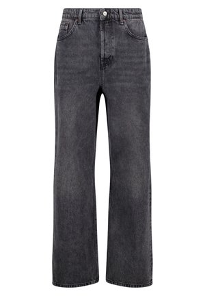 Wide-leg, high-waisted jeans in dark gray denim. Features five pockets, a front button closure, and subtle faded texture.