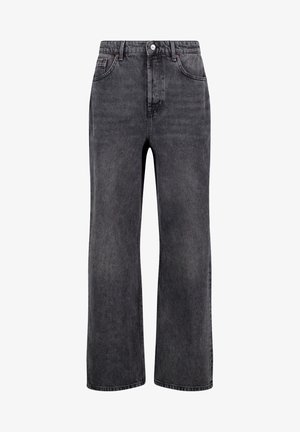 Wide-leg, high-waisted jeans in dark gray denim. Features five pockets, a front button closure, and subtle faded texture.