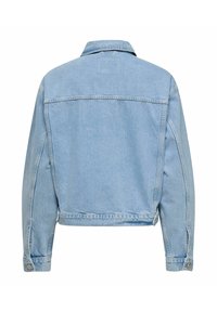 Hellblaue Jeansjacke, von hinten gezeigt, mit Kragen, langen Ärmeln mit geknöpften Manschetten und einer horizontalen Naht über dem oberen Rücken.