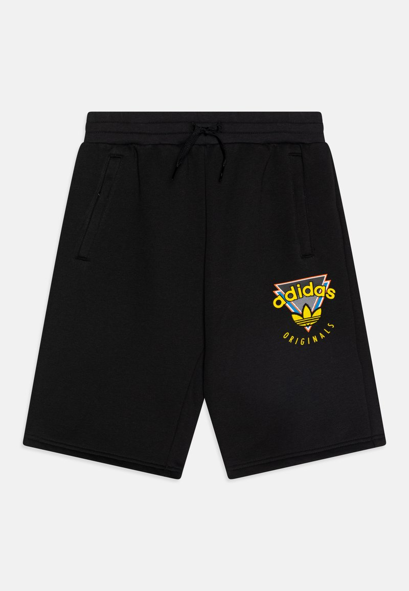 Black cotton shorts with an elastic waist and drawstring, featuring side pockets and a multicolored Adidas Originals logo on the front.