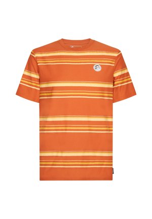 Orange T-shirt with horizontal yellow and white stripes, round neckline, and a small circular logo on the left chest.